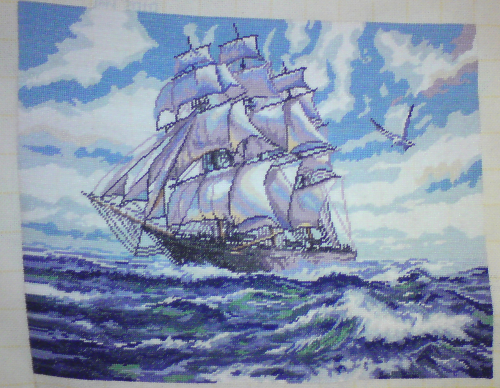 Cross-stitch Highseas a beautiful completed hand made fine stitch picture